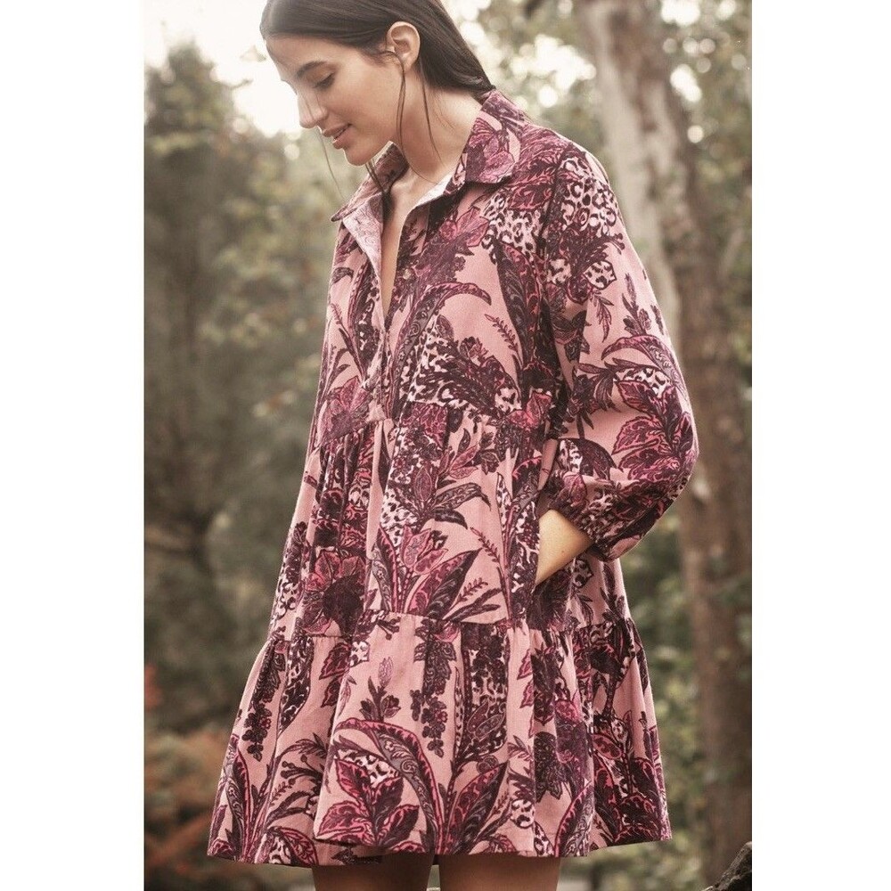 Anthropologie Bettina Corduroy Mini Purple Shirt Dress By Maeve Size XXS NWT